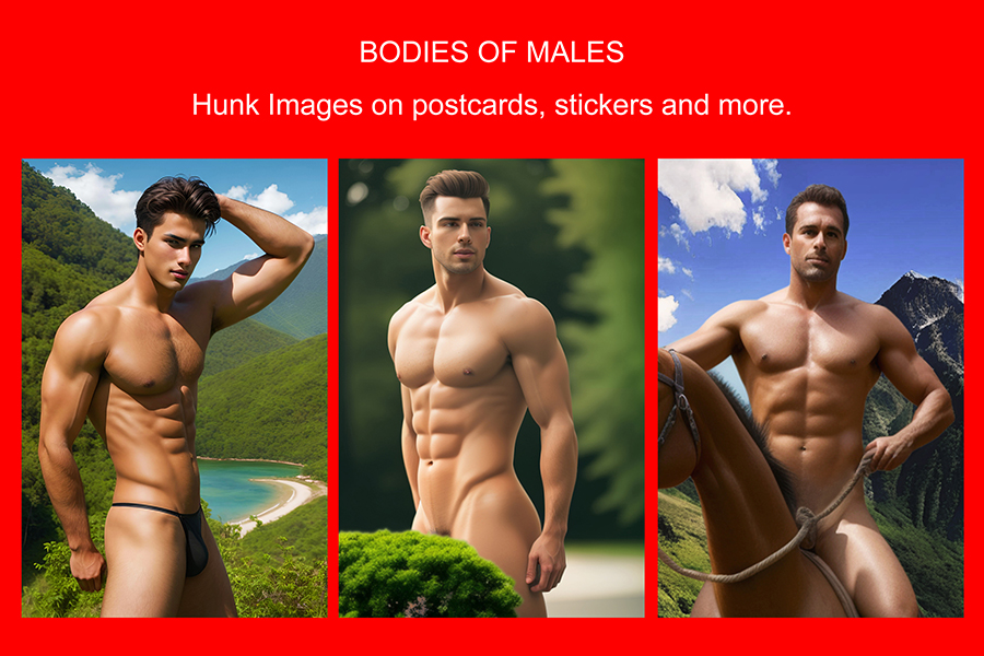 Hunk images on postcards, stickers and more. Muscular men. Hot hunks. Sexy men.